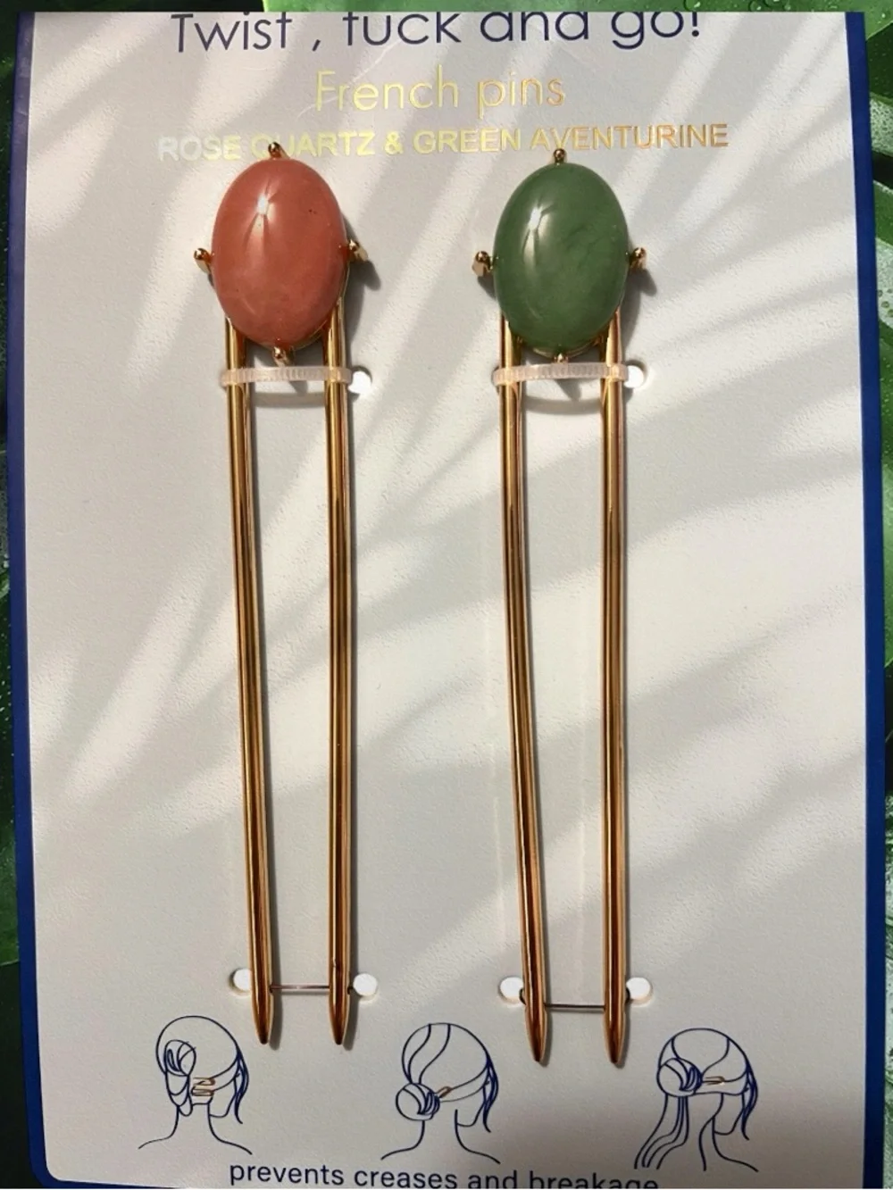 New. Rose Quartz & Green Aventurine French Pins - Gold Tone